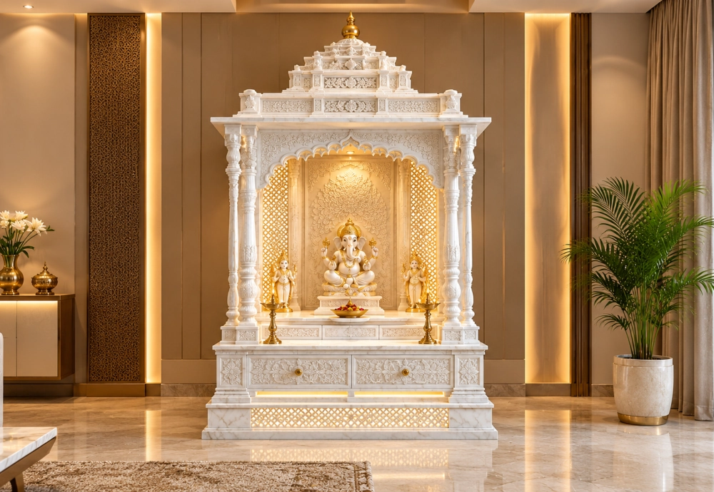 White marble temple for home with carved arch and subtle detailing